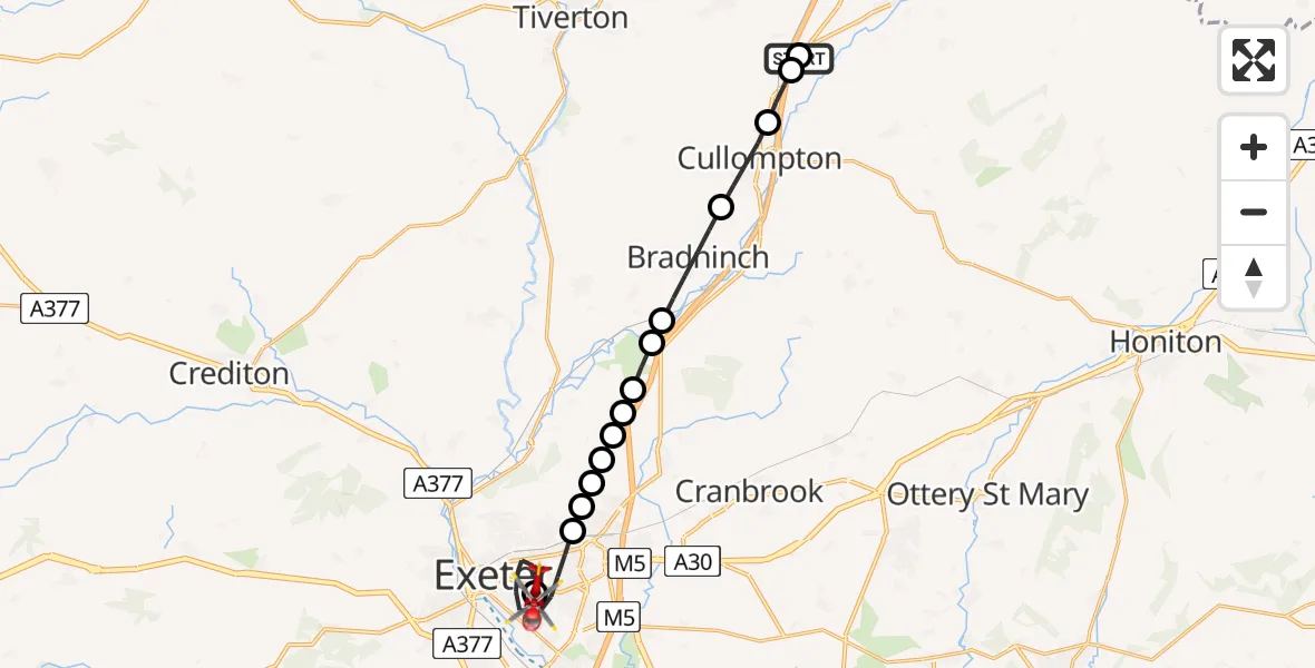Flight route Air Ambulance Helicopter Willand - Royal Devon & Exeter Hospital, 15 July 2026, 20:31