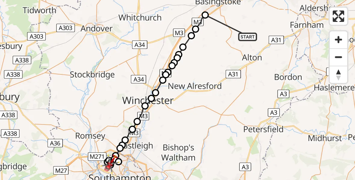 Flight route Air Ambulance Helicopter Upton Grey - University Hospital Southampton, 15 July 2026, 20:41