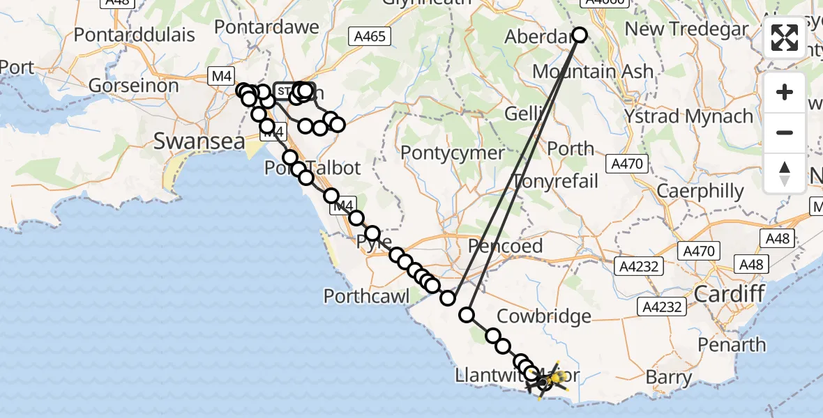 Flight route Police Helicopter Cadoxton-juxta-Neath - MOD St Athan, 15 July 2026, 20:51