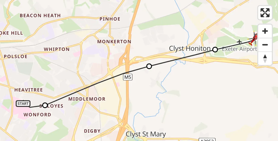 Flight route Air Ambulance Helicopter Royal Devon & Exeter Hospital - Exeter International Airport, 15 July 2026, 21:03