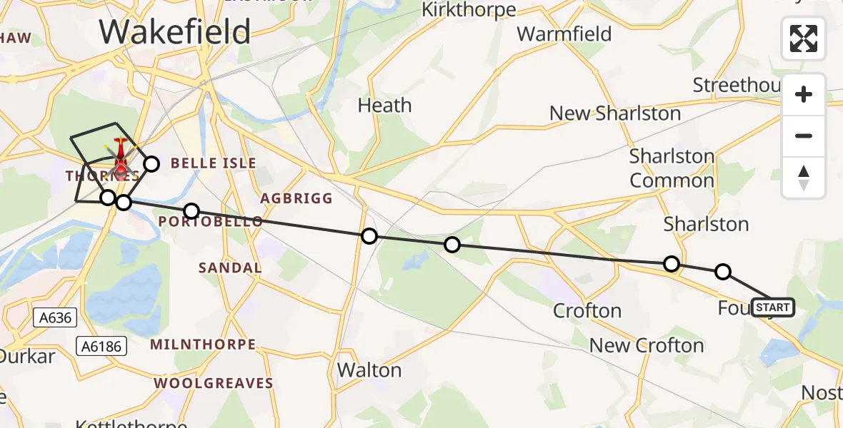 Flight route Air Ambulance Helicopter YAA Nostell Helicopter Port - Thornes, 15 July 2026, 21:14
