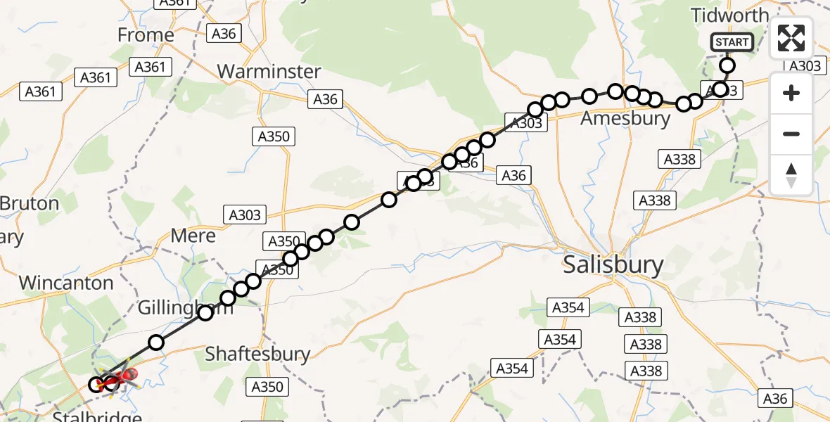 Flight route Air Ambulance Helicopter Tidworth - Henstridge Airfield, 15 July 2026, 21:14