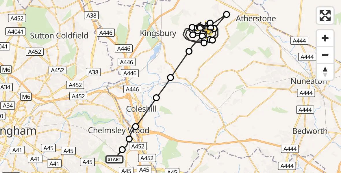 Flight route Police Helicopter Birmingham Airport - Baxterley Aerodrome, 15 July 2026, 21:24