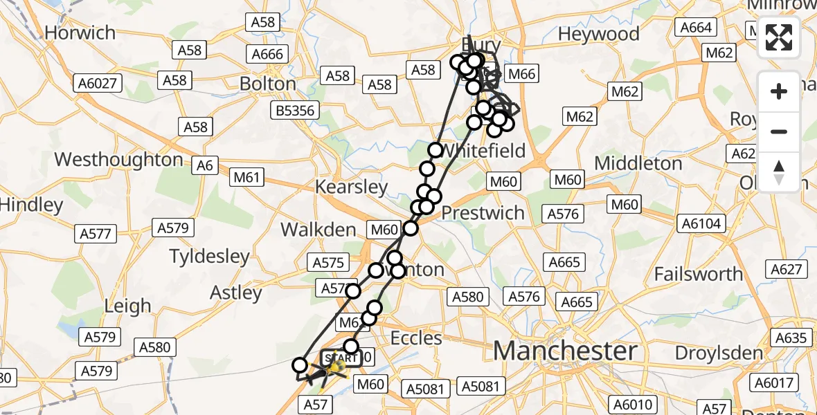 Flight route Police Helicopter Manchester Barton Aerodrome - Manchester Barton Aerodrome, 15 July 2026, 21:25