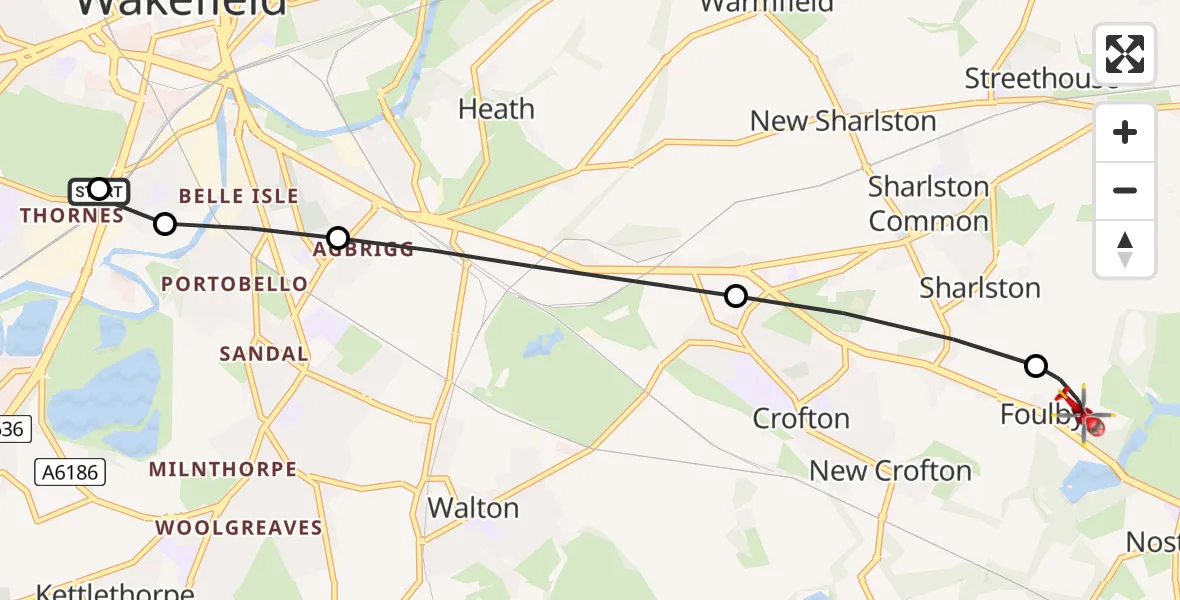Flight route Air Ambulance Helicopter Thornes - YAA Nostell Helicopter Port, 15 July 2026, 21:42