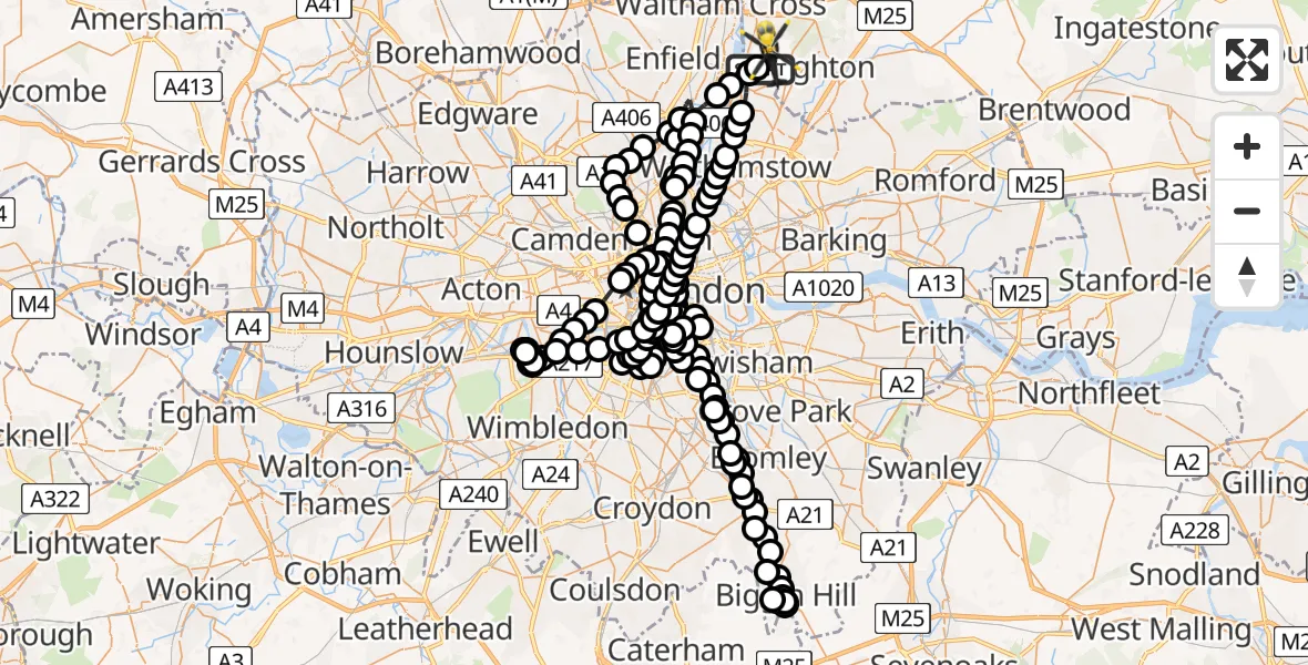 Flight route Police Helicopter Sewardstonebury - Metropolitan Police Air Support Unit Lippitts Hill, 15 July 2026, 21:46