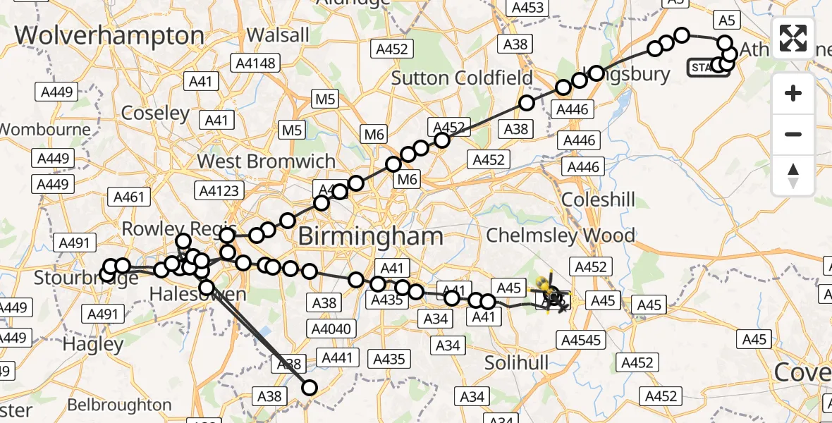 Flight route Police Helicopter Baxterley Aerodrome - Birmingham Airport, 15 July 2026, 21:47