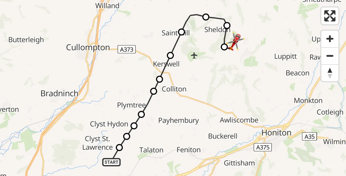 Flight route Air Ambulance Helicopter Clyst St. Lawrence - Dunkeswell Airfield, 15 July 2026, 22:01