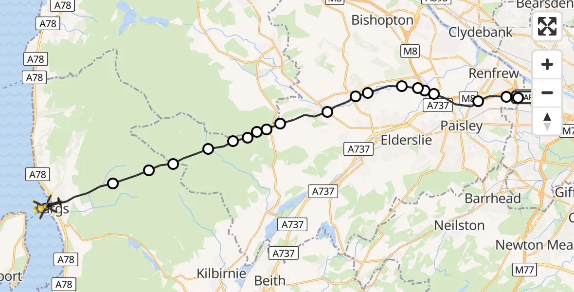 Flight route Police Helicopter Renfrew - Largs, 15 July 2026, 22:02