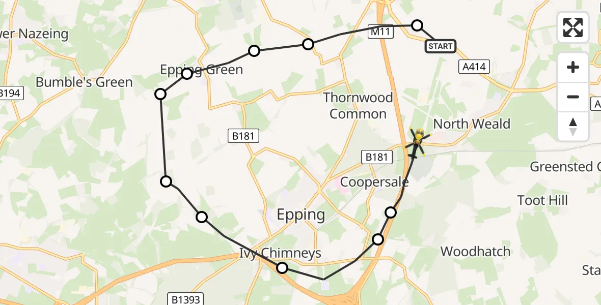 Flight route Police Helicopter North Weald Airfield - Coopersale, 15 July 2026, 22:07