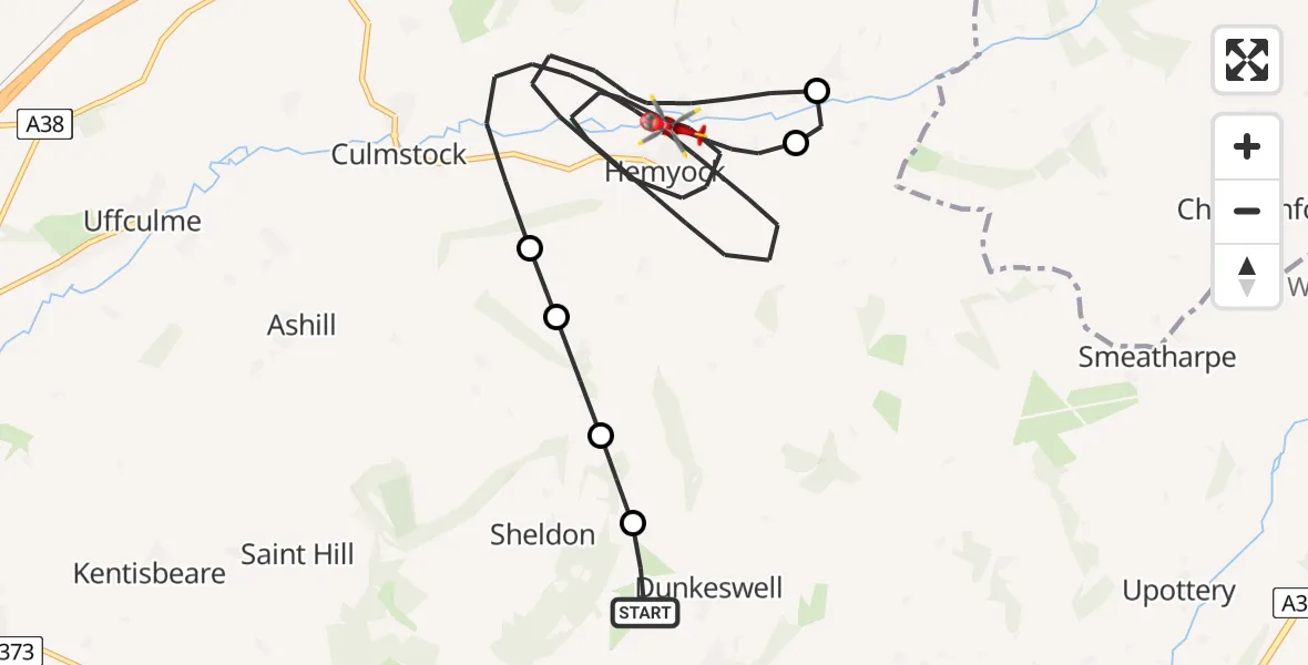 Flight route Air Ambulance Helicopter Dunkeswell Airfield - Hemyock, 15 July 2026, 22:11