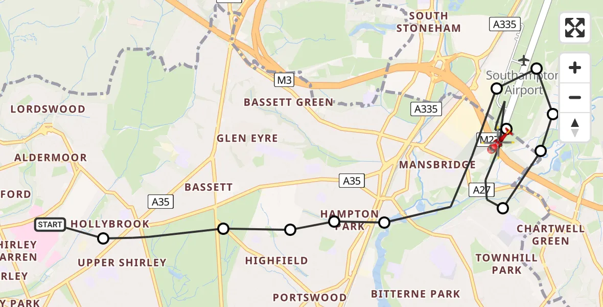 Flight route Air Ambulance Helicopter University Hospital Southampton - Southampton Airport, 15 July 2026, 22:30