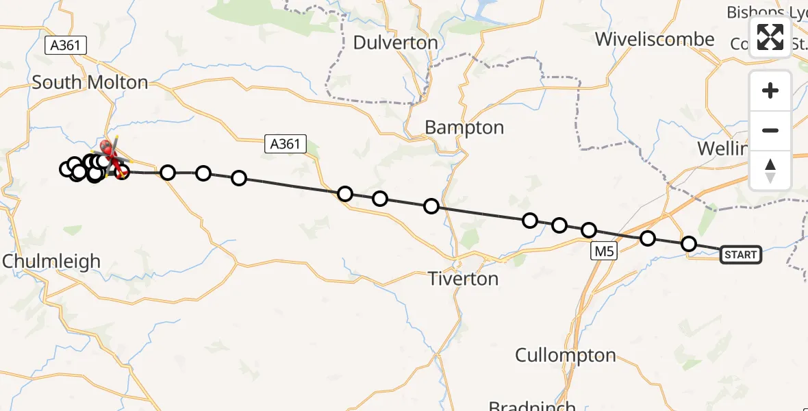 Flight route Air Ambulance Helicopter Hemyock - Romansleigh, 15 July 2026, 22:31
