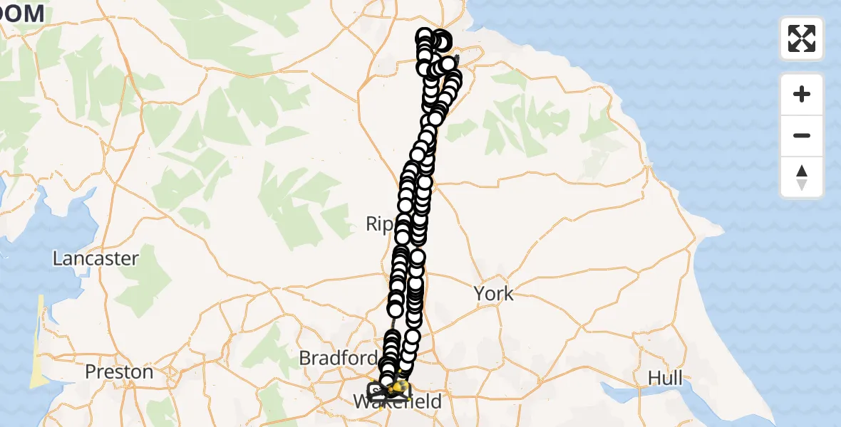 Flight route Police Helicopter Wrenthorpe - East Ardsley, 15 July 2026, 22:36