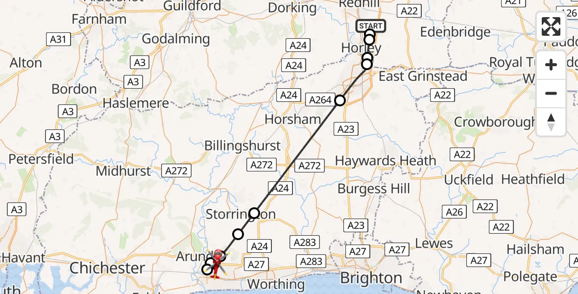 Flight route Air Ambulance Helicopter Reigate and Banstead - Arundel, 15 July 2026, 22:44