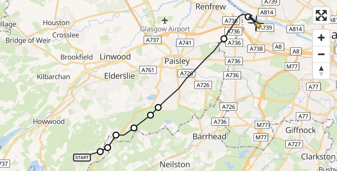 Flight route Police Helicopter Renfrewshire - Glasgow, 15 July 2026, 22:45