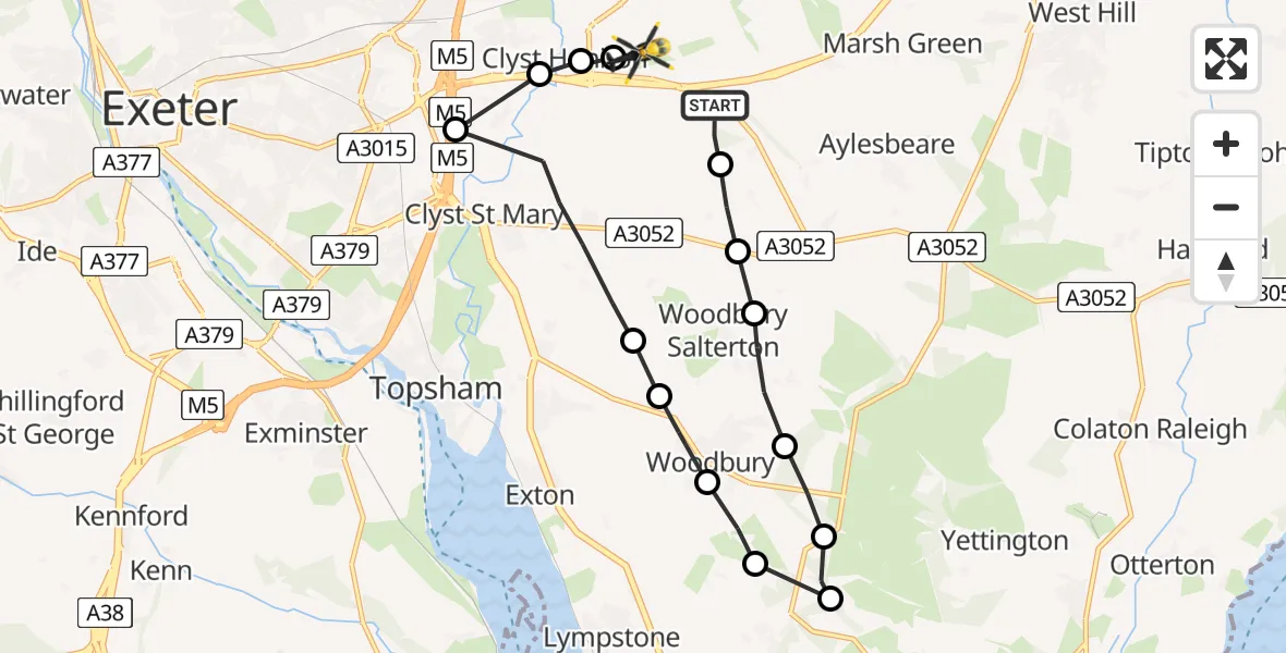 Flight route Police Helicopter Aylesbeare - Exeter International Airport, 15 July 2026, 22:47
