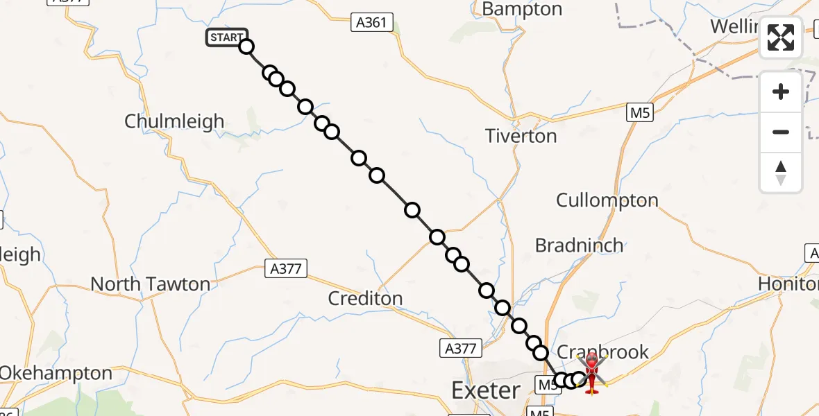 Flight route Air Ambulance Helicopter Romansleigh - Exeter International Airport, 15 July 2026, 22:56