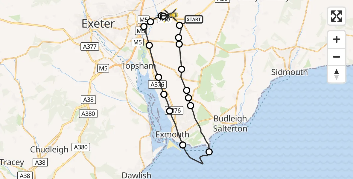 Flight route Police Helicopter Rockbeare - Exeter International Airport, 15 July 2026, 23:19