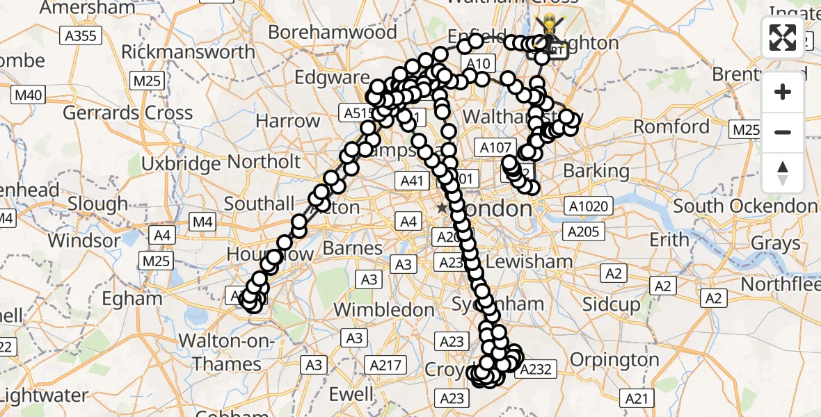 Flight route Police Helicopter Waltham Abbey - Metropolitan Police Air Support Unit Lippitts Hill, 15 July 2026, 23:22