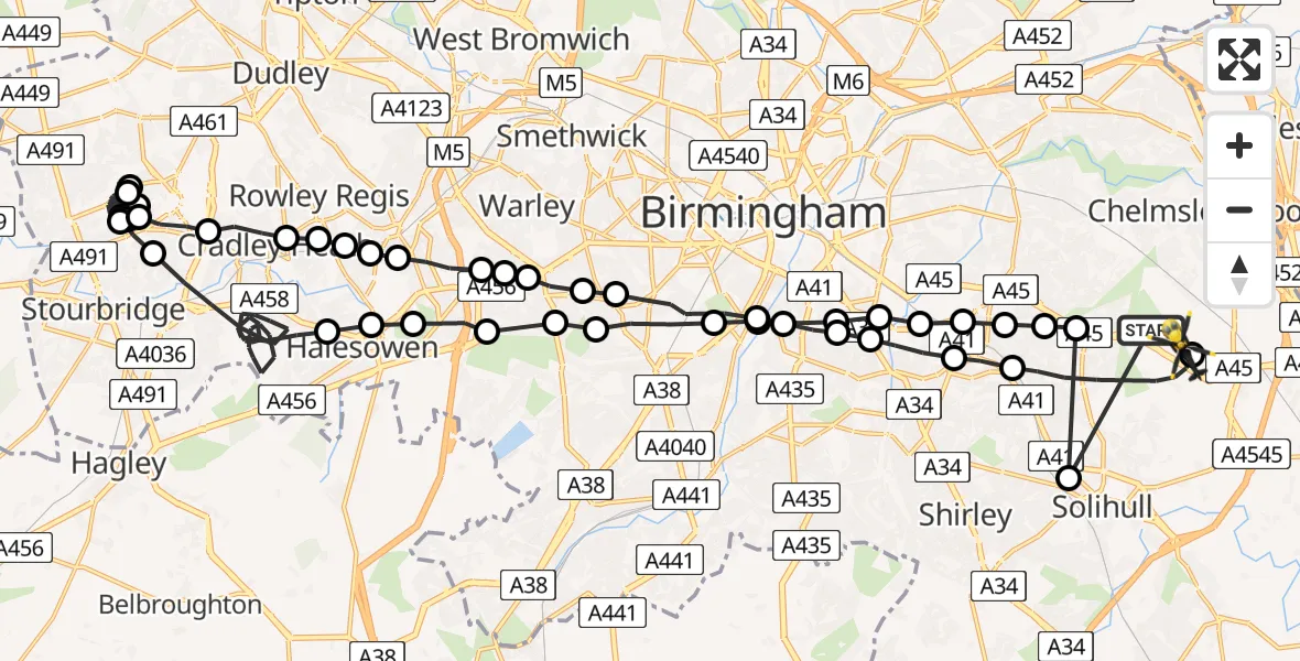 Flight route Police Helicopter Birmingham Airport - Solihull, 15 July 2026, 23:50