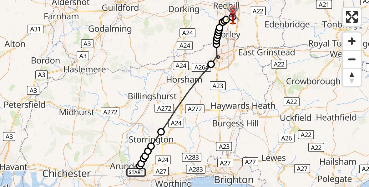 Flight route Air Ambulance Helicopter Arundel - Redhill Aerodrome, 15 July 2026, 23:52