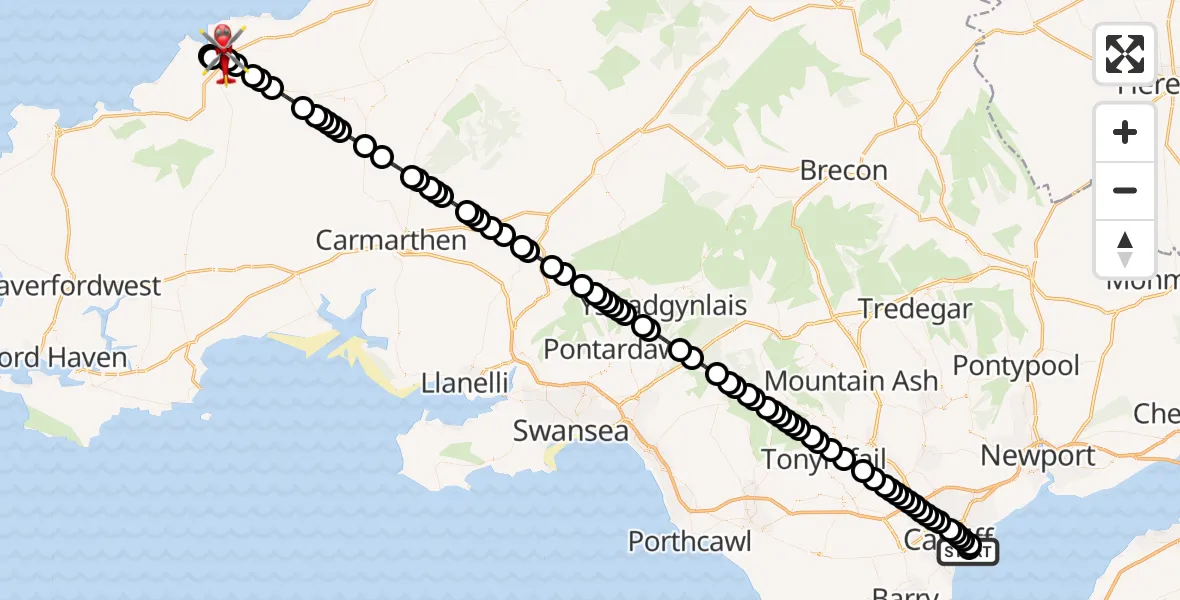Flight route Air Ambulance Helicopter Cardiff Heliport - Aberteifi / Cardigan, 16 July 2026, 00:30