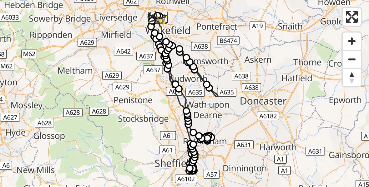 Flight route Police Helicopter Brandy Carr - East Ardsley, 16 July 2026, 01:37