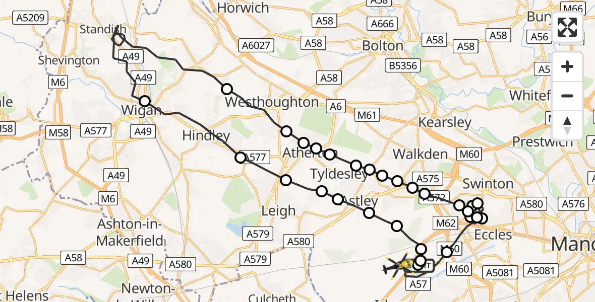 Flight route Police Helicopter Manchester Barton Aerodrome - Worsley, 16 July 2026, 01:49