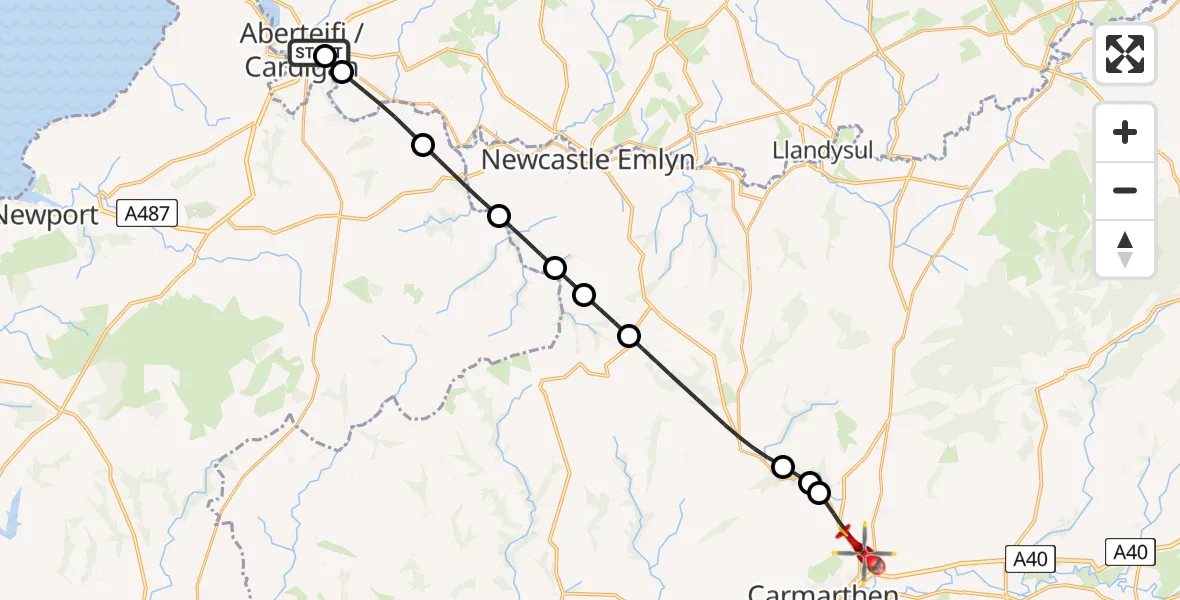 Flight route Air Ambulance Helicopter Aberteifi / Cardigan - Bronwydd, 16 July 2026, 02:21