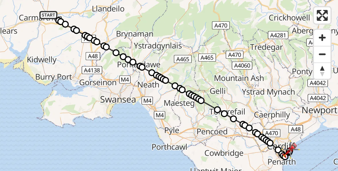 Flight route Air Ambulance Helicopter Abergwili - Cardiff Heliport, 16 July 2026, 04:16