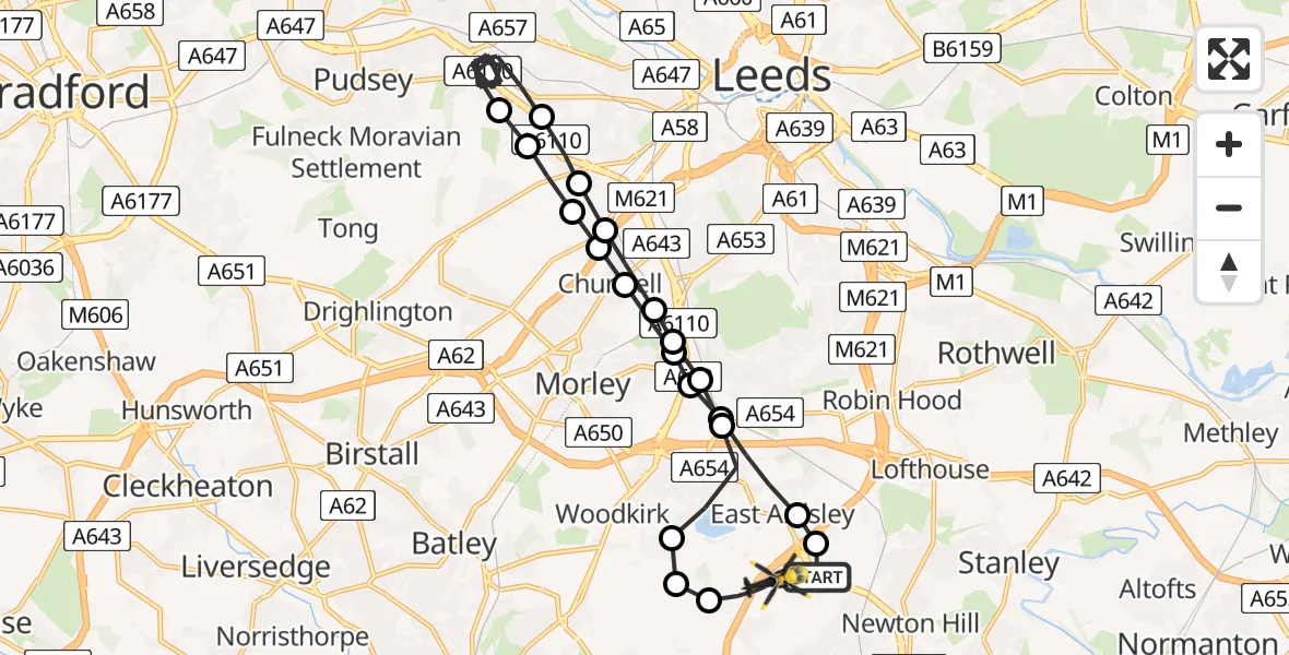 Flight route Police Helicopter Wrenthorpe - East Ardsley, 16 July 2026, 04:59
