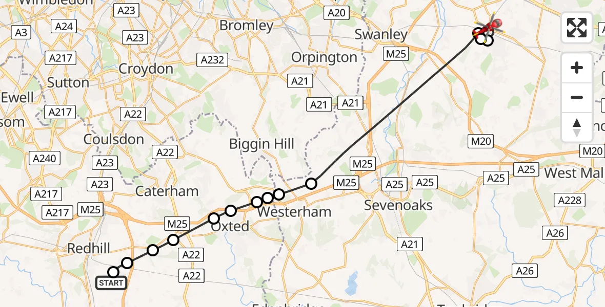 Flight route Air Ambulance Helicopter Redhill Aerodrome - Dartford, 16 July 2026, 06:52