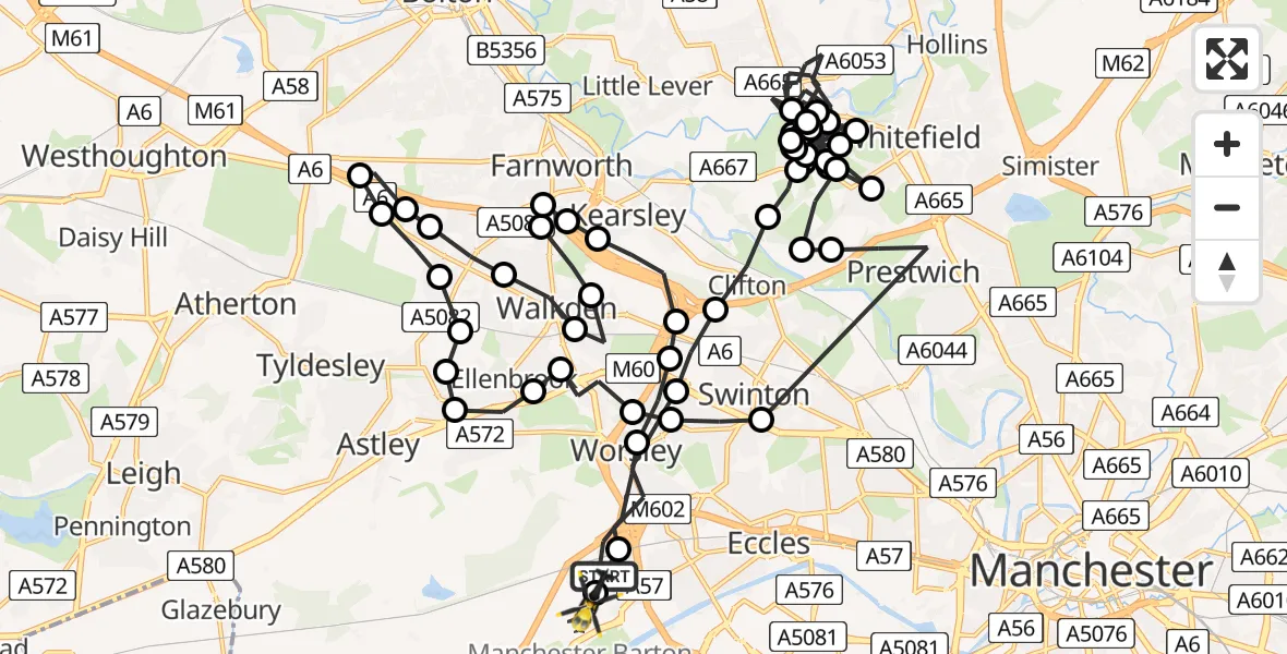 Flight route Police Helicopter Worsley - Manchester Barton Aerodrome, 16 July 2026, 06:59
