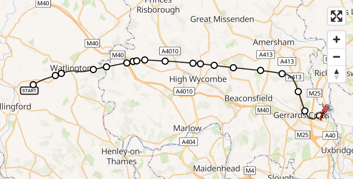 Flight route Air Ambulance Helicopter RAF Benson - Denham Aerodrome, 16 July 2026, 07:03