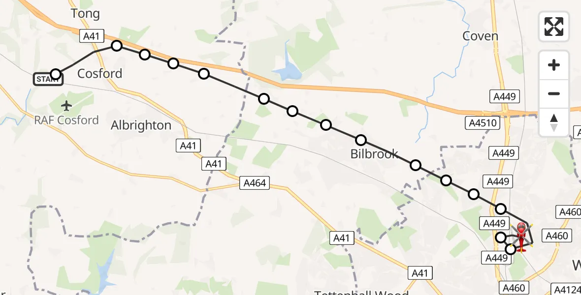 Flight route Air Ambulance Helicopter RAF Cosford - Wednesfield, 16 July 2026, 07:08