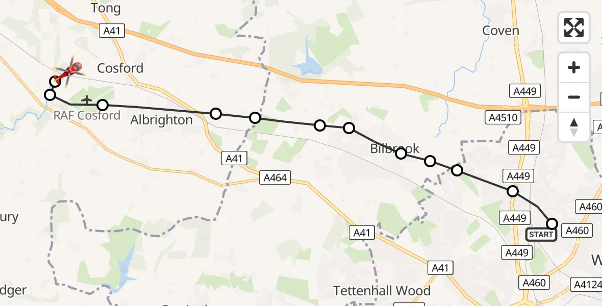 Flight route Air Ambulance Helicopter Park Village - Cosford, 16 July 2026, 07:35