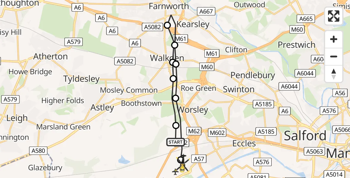 Flight route Police Helicopter Worsley - Irlam, 16 July 2026, 08:14