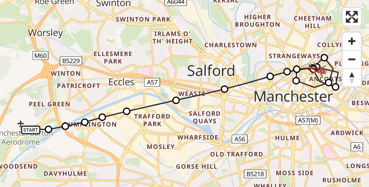 Flight route Air Ambulance Helicopter Manchester Barton Aerodrome - Collyhurst, 16 July 2026, 08:27