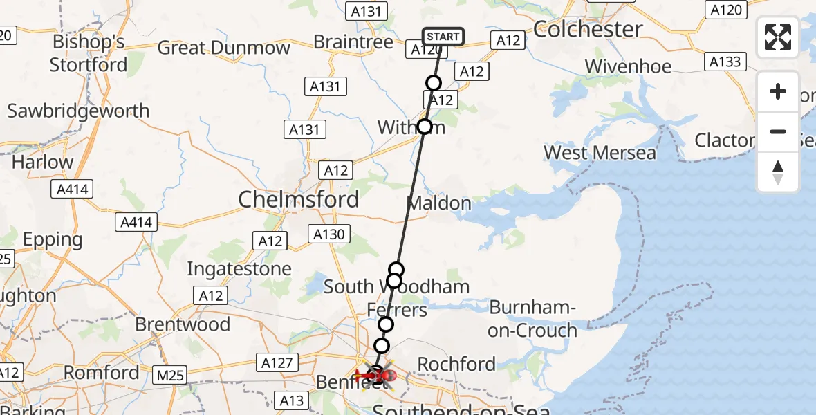 Flight route Air Ambulance Helicopter Coggeshall - Benfleet, 16 July 2026, 08:53