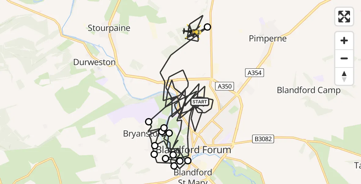 Flight route Police Helicopter Blandford Forum - Pimperne, 16 July 2026, 08:57