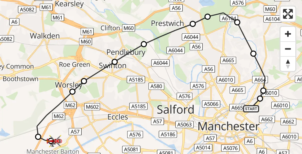 Flight route Air Ambulance Helicopter Collyhurst - Manchester Barton Aerodrome, 16 July 2026, 09:01