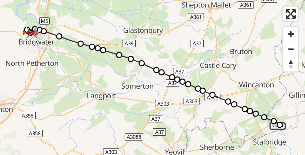 Flight route Air Ambulance Helicopter Henstridge Airfield - Chilton Trinity, 16 July 2026, 09:22