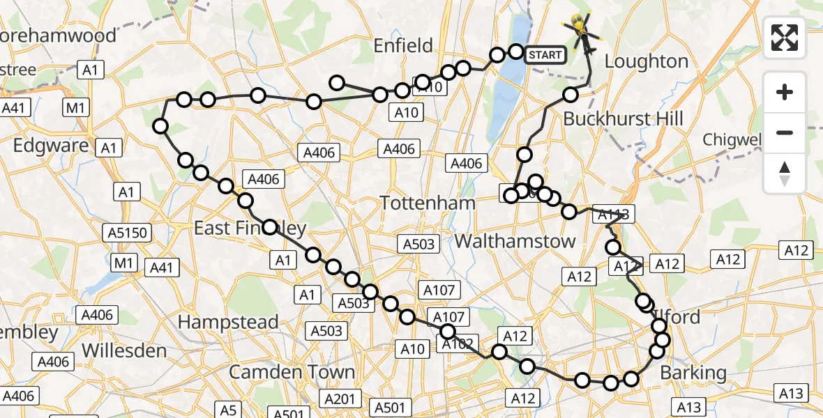 Flight route Police Helicopter Chingford - Sewardstonebury, 16 July 2026, 09:29