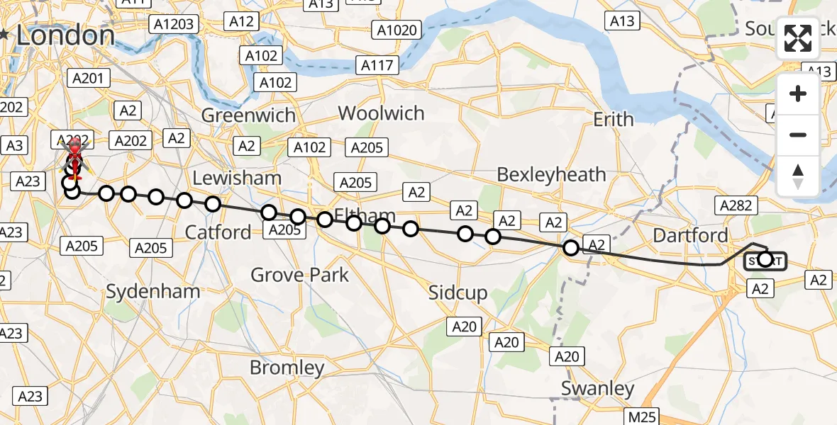 Flight route Air Ambulance Helicopter Darent Valley Hospital - Kings College London Hospital, 16 July 2026, 09:29