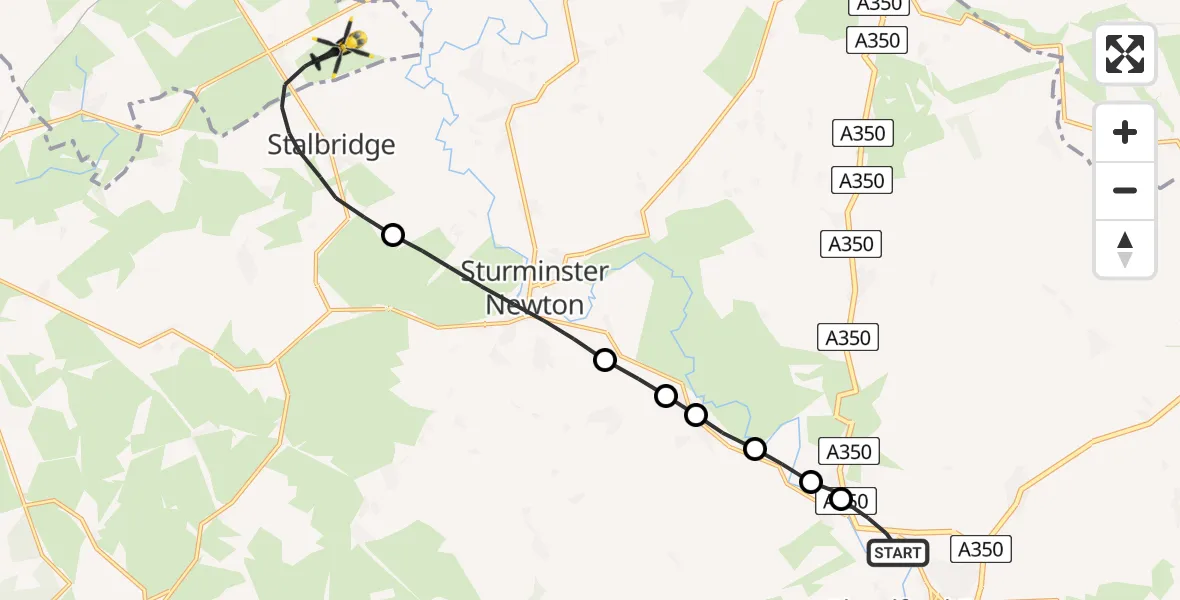 Flight route Police Helicopter Blandford Forum - Henstridge, 16 July 2026, 09:33