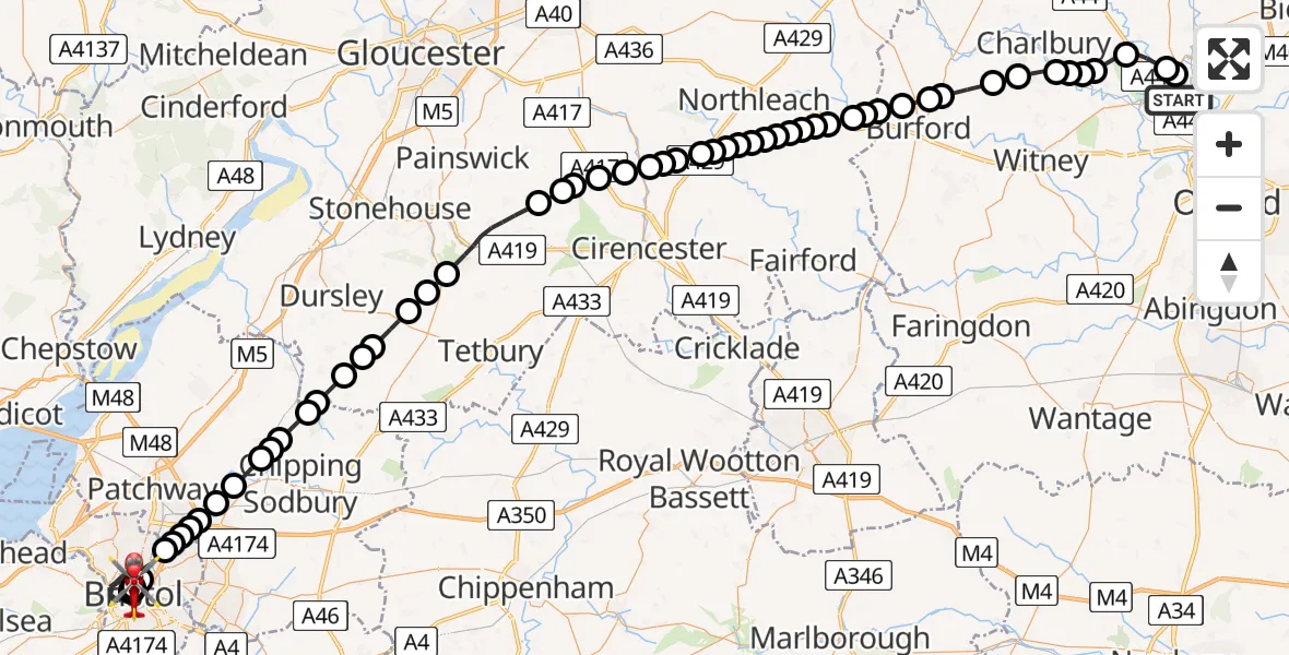 Flight route Air Ambulance Helicopter London Oxford Airport - Bristol Royal Infirmary, 16 July 2026, 09:37