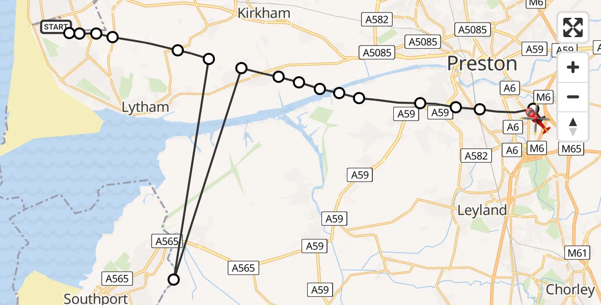 Flight route Air Ambulance Helicopter Blackpool Airport - Bamber Bridge, 16 July 2026, 09:39