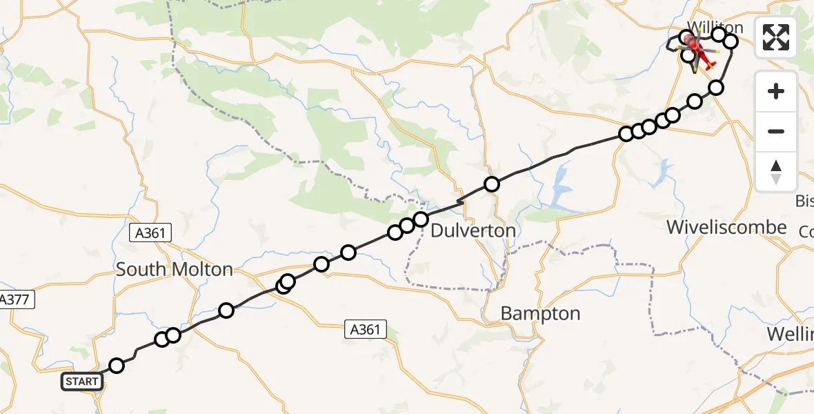 Flight route Air Ambulance Helicopter Chittlehamholt - Williton, 16 July 2026, 09:43
