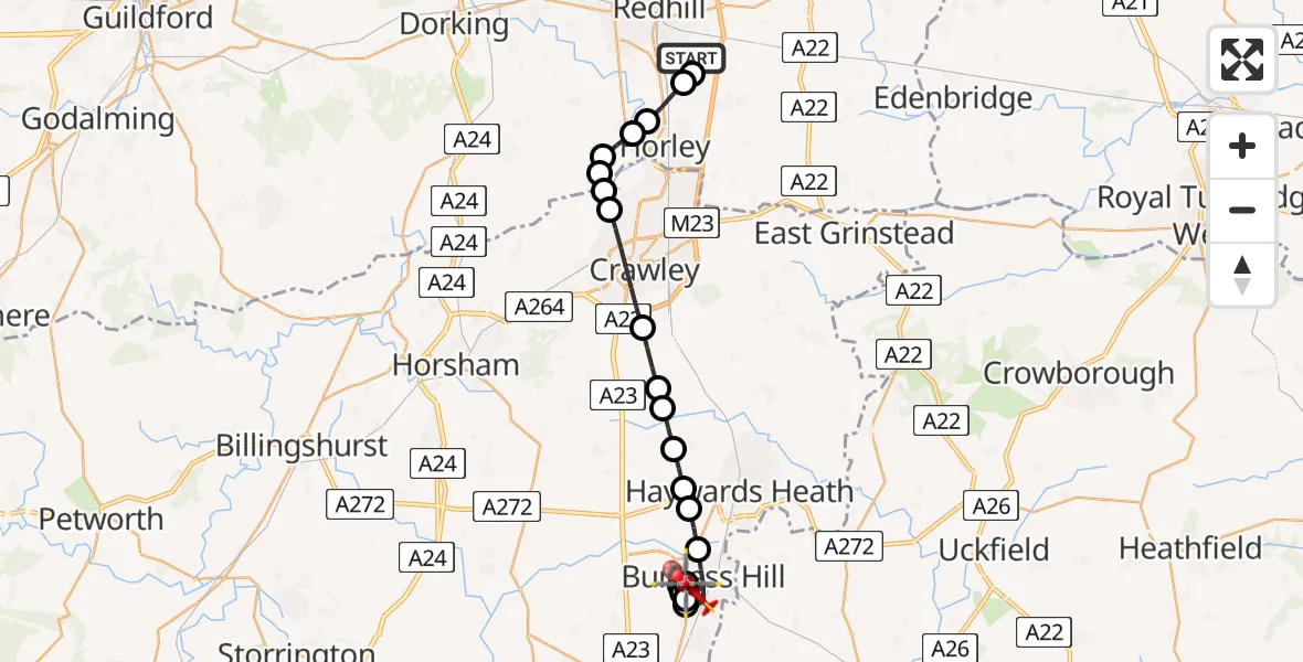 Flight route Air Ambulance Helicopter Redhill Aerodrome - Hassocks, 16 July 2026, 09:45